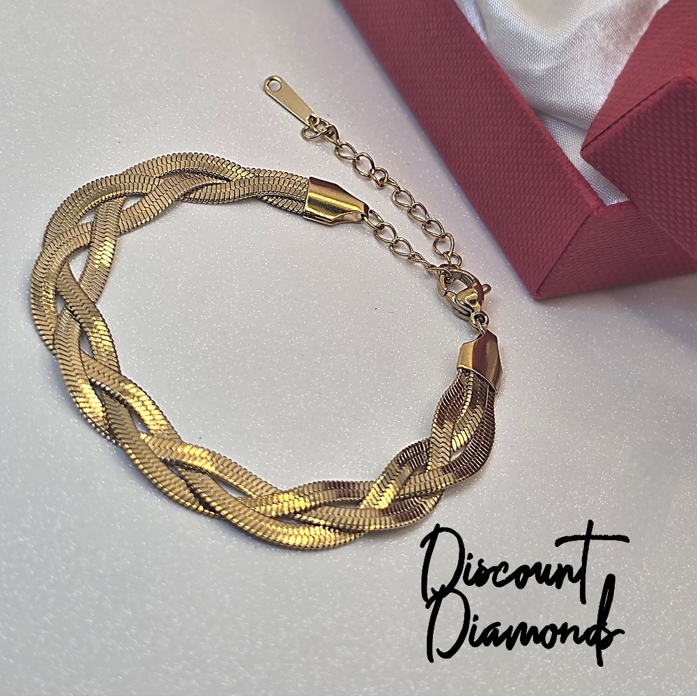 Three Strand Flat Snake Chain Titanium Bracelet on 18K Yellow Gold over Titanium